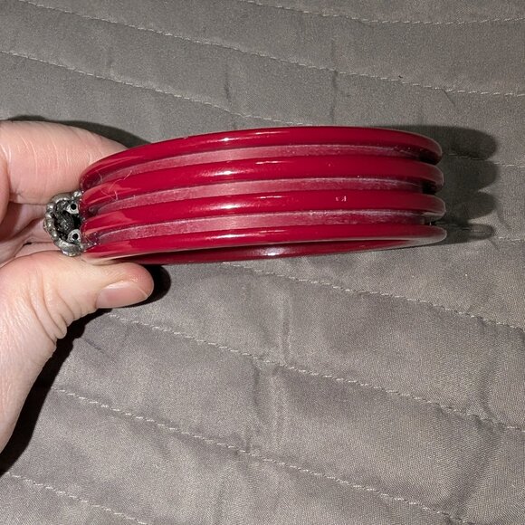 $1 with Bundle ~ Red Enamel & Silver Floral Rhinestone Bangle Bracelet 5053 - Picture 4 of 5